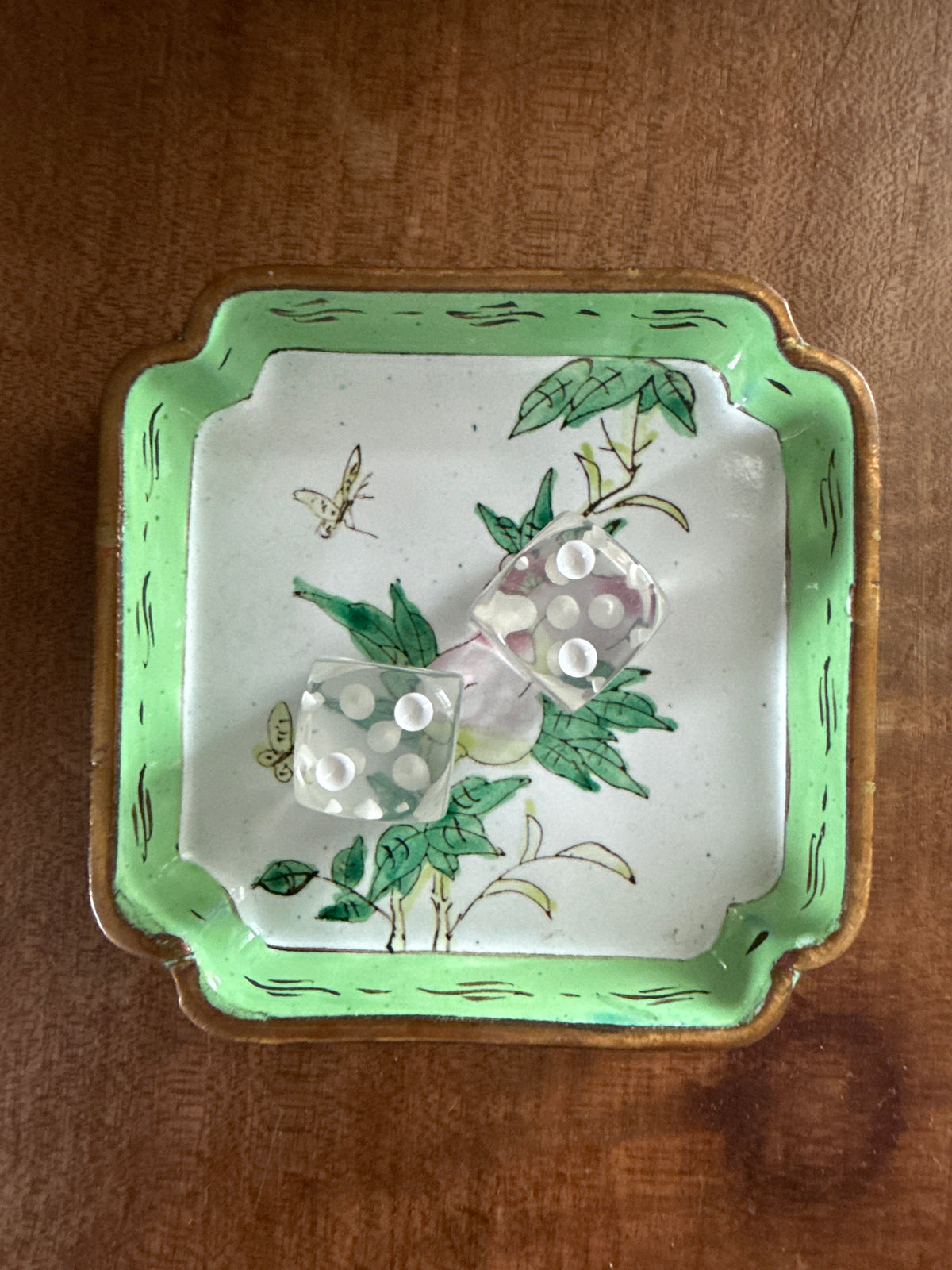 Vintage Asian Enamel Dish with Peach and Butterflies