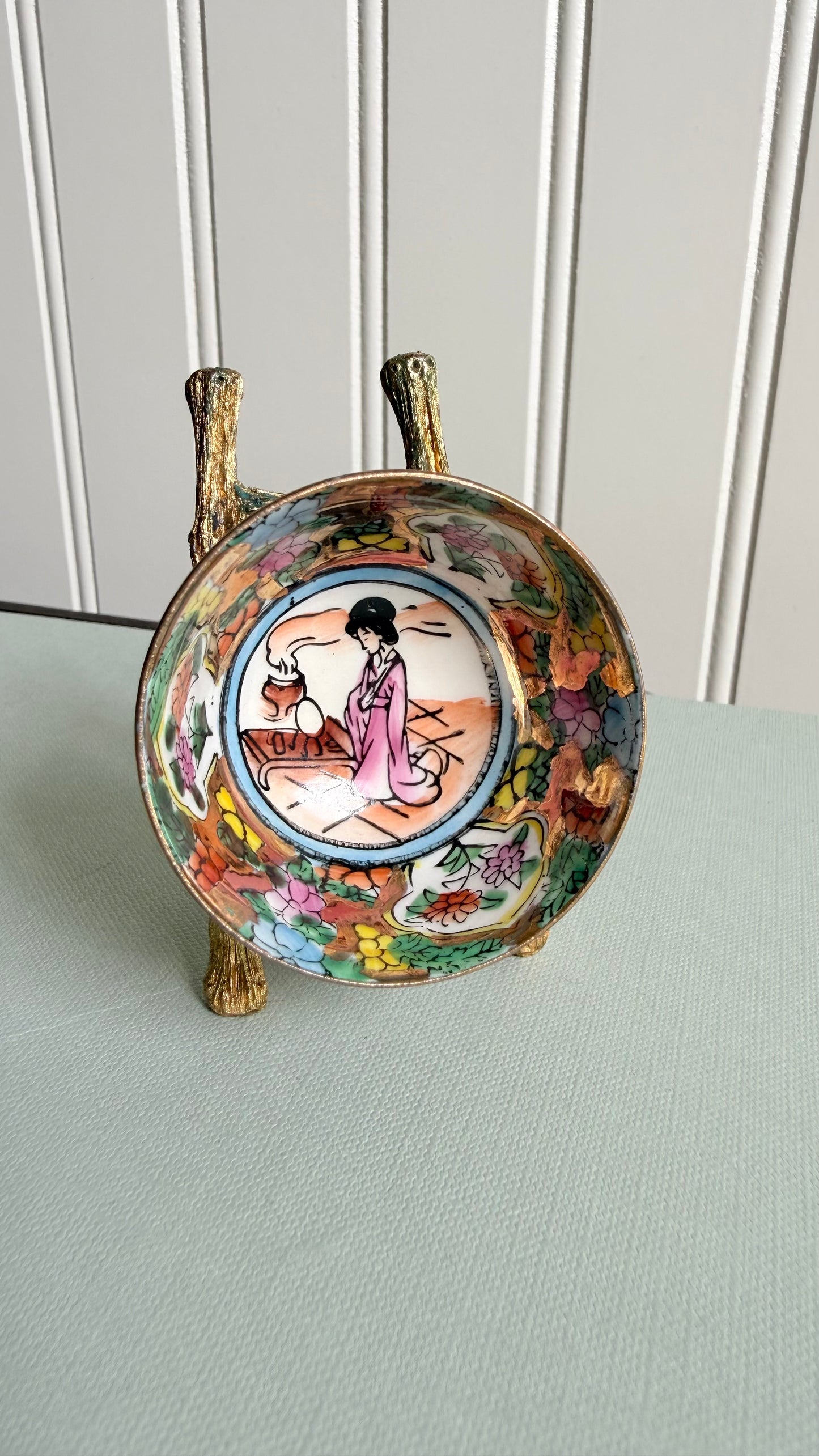 Vintage Mini Millefleur Cooking Woman in Pink Bowl