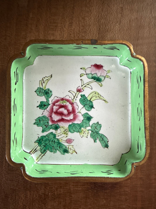 Vintage Asian Enamel Pink Floral Dish