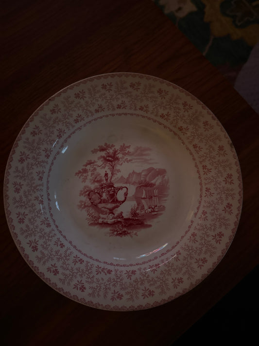 Antique Pink/Red Transferware Shallow Bowl