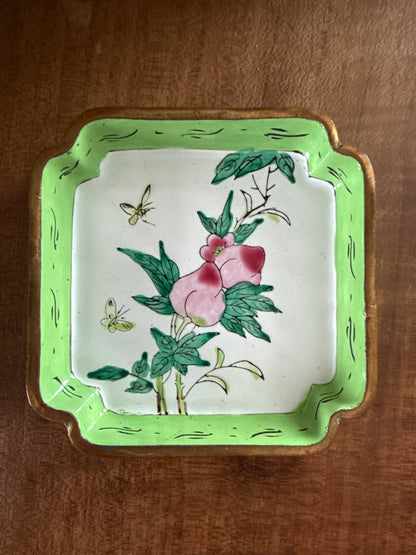 Vintage Asian Enamel Dish with Peach and Butterflies