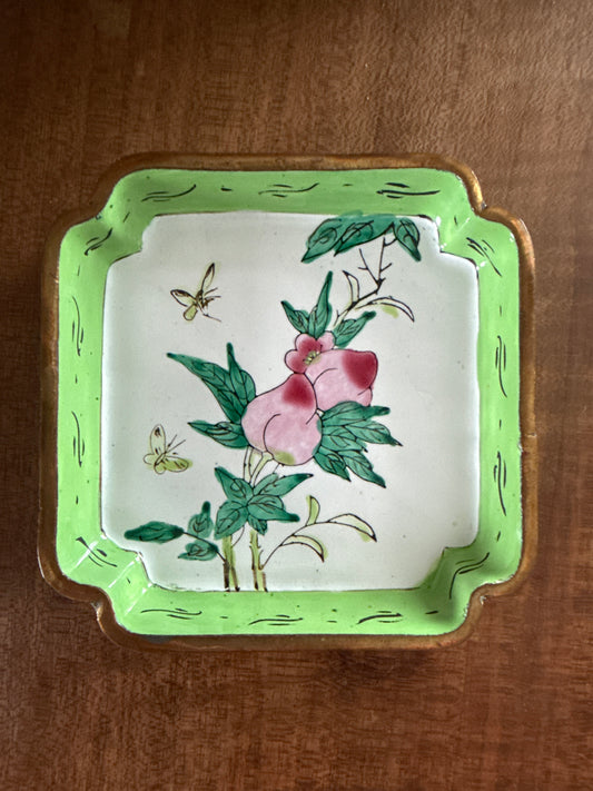 Vintage Asian Enamel Dish with Peach and Butterflies
