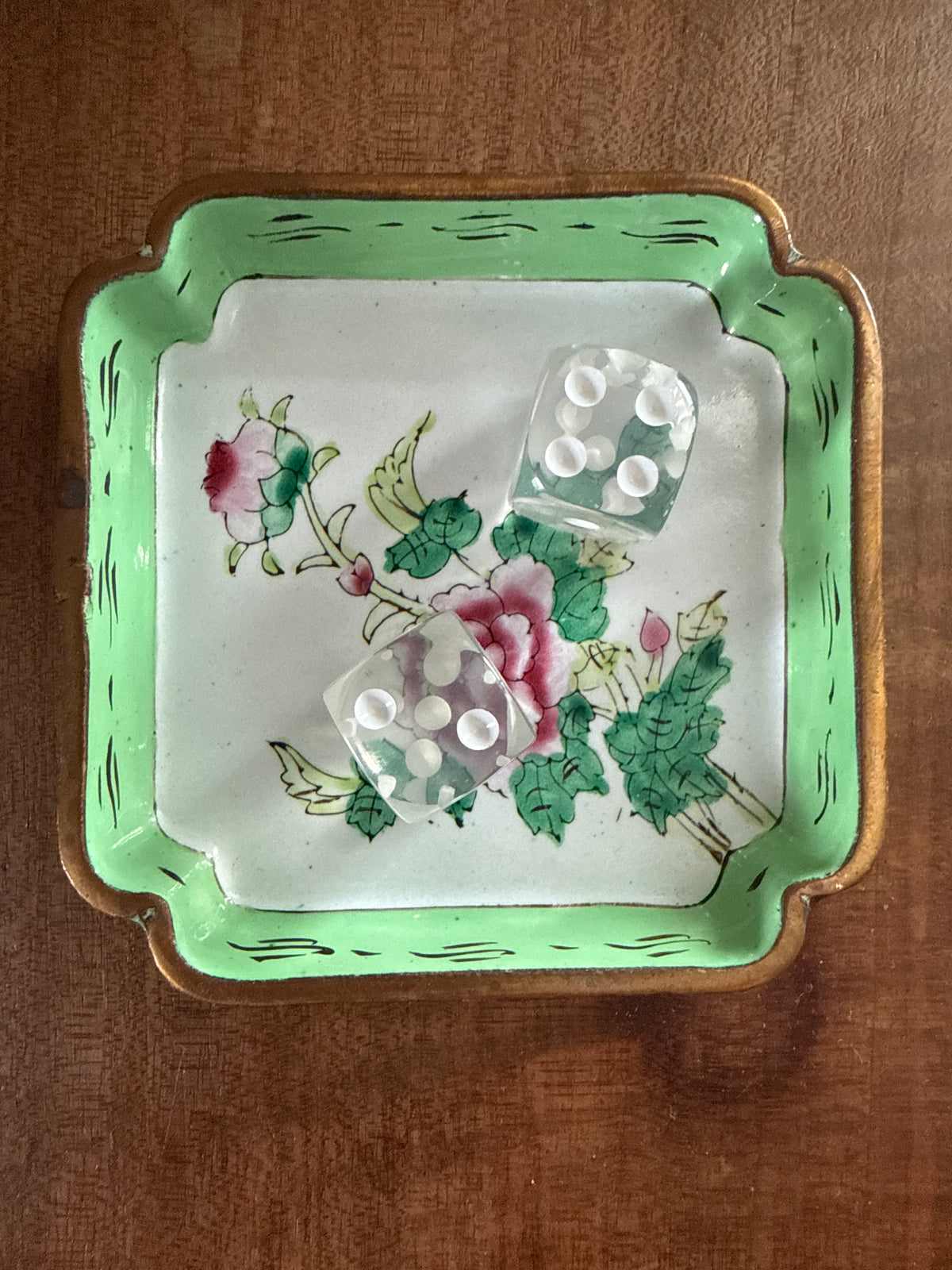 Vintage Asian Enamel Pink Floral Dish