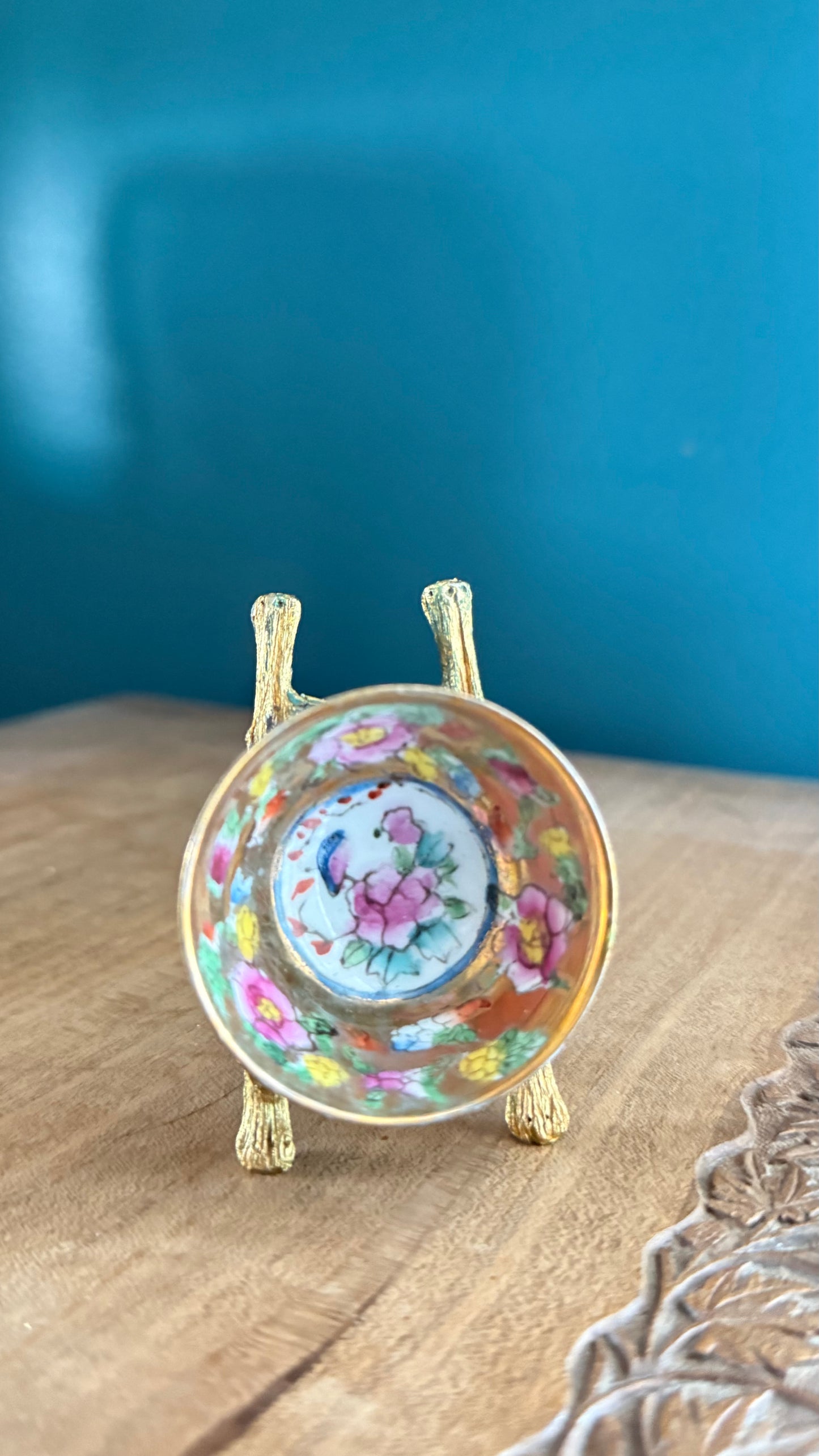 Vintage Mini Bowl with Pink Flower & Bird
