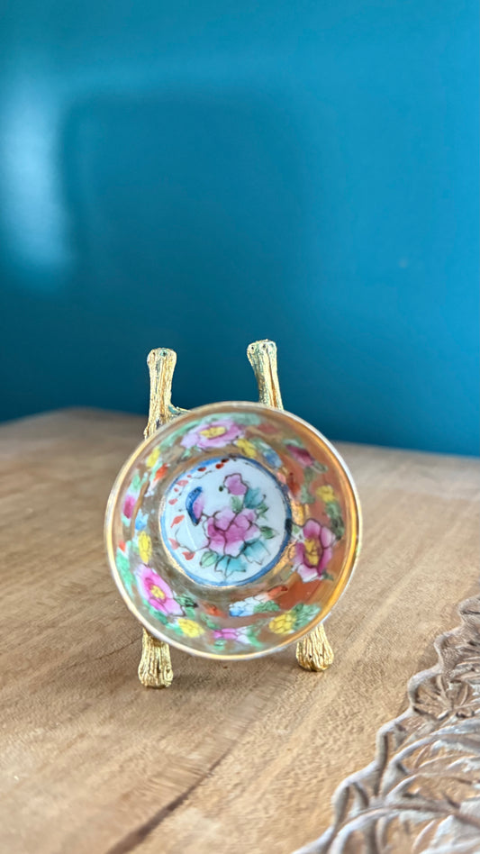 Vintage Mini Bowl with Pink Flower & Bird