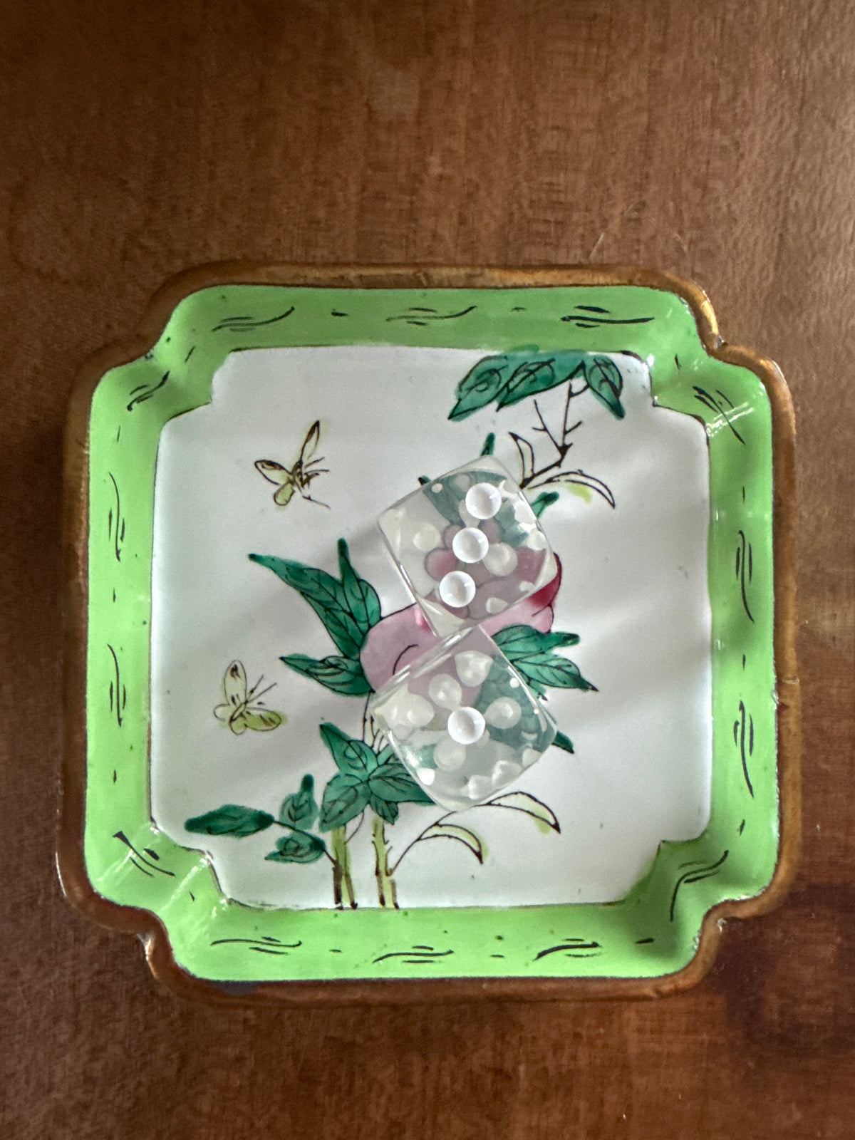Vintage Asian Enamel Dish with Peach and Butterflies