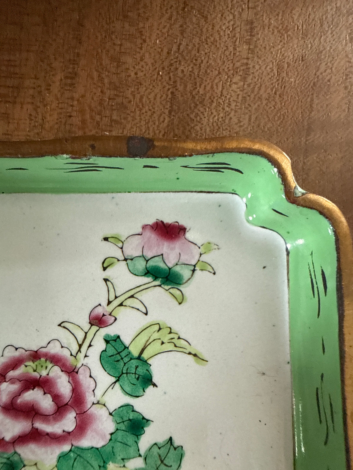 Vintage Asian Enamel Pink Floral Dish