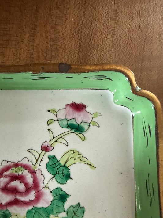Vintage Asian Enamel Pink Floral Dish