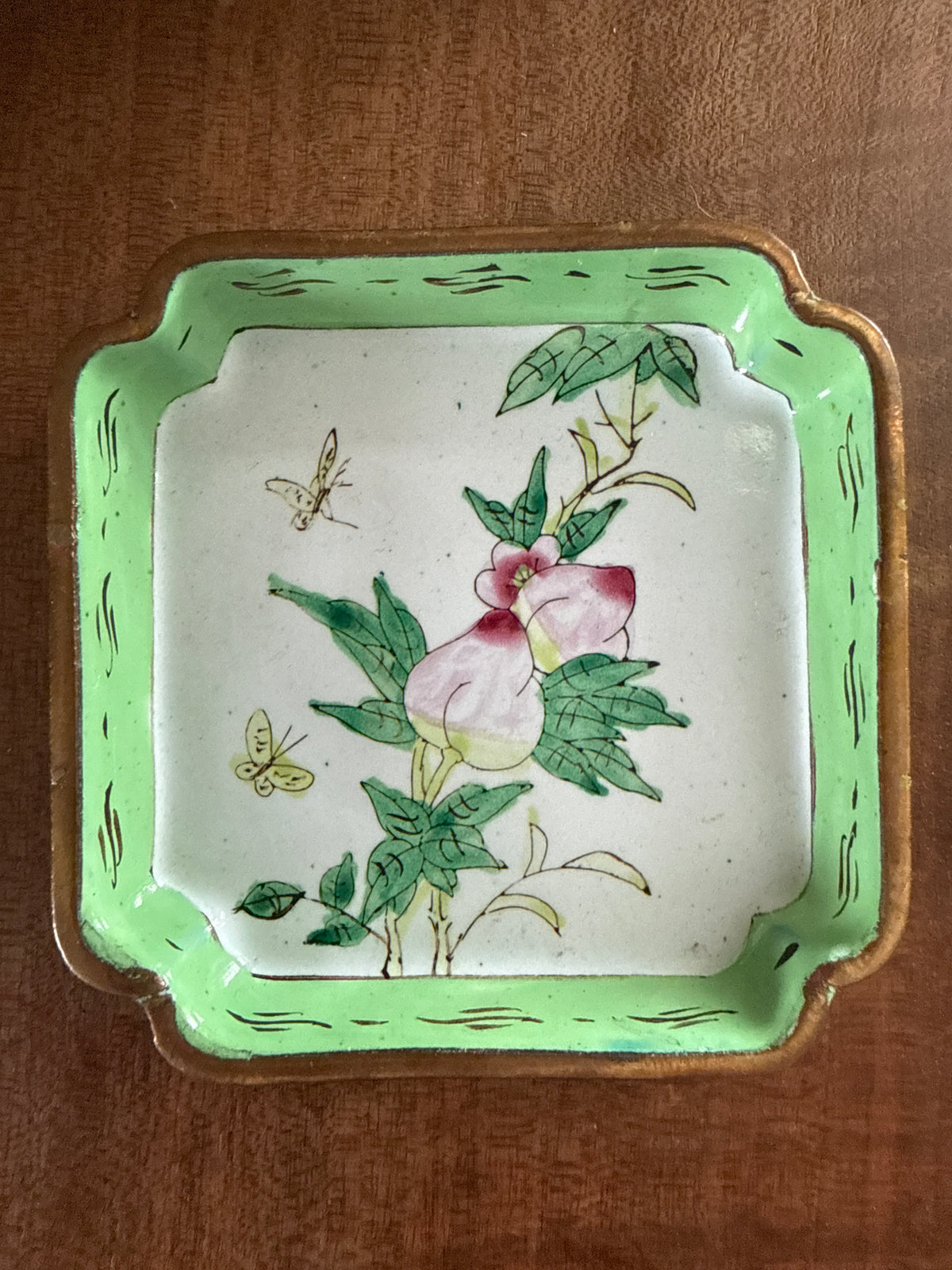 Vintage Asian Enamel Dish with Peach and Butterflies