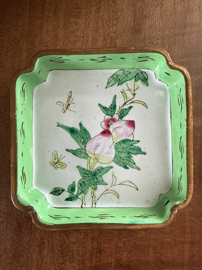 Vintage Asian Enamel Dish with Peach and Butterflies