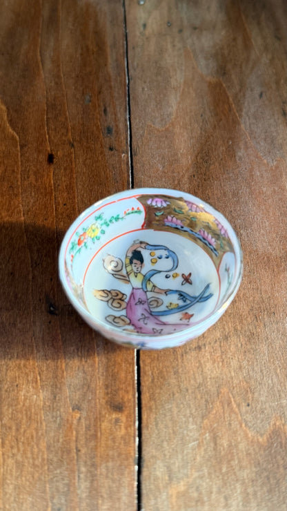 Vintage Mini Chinese Bowl with Dancing Woman