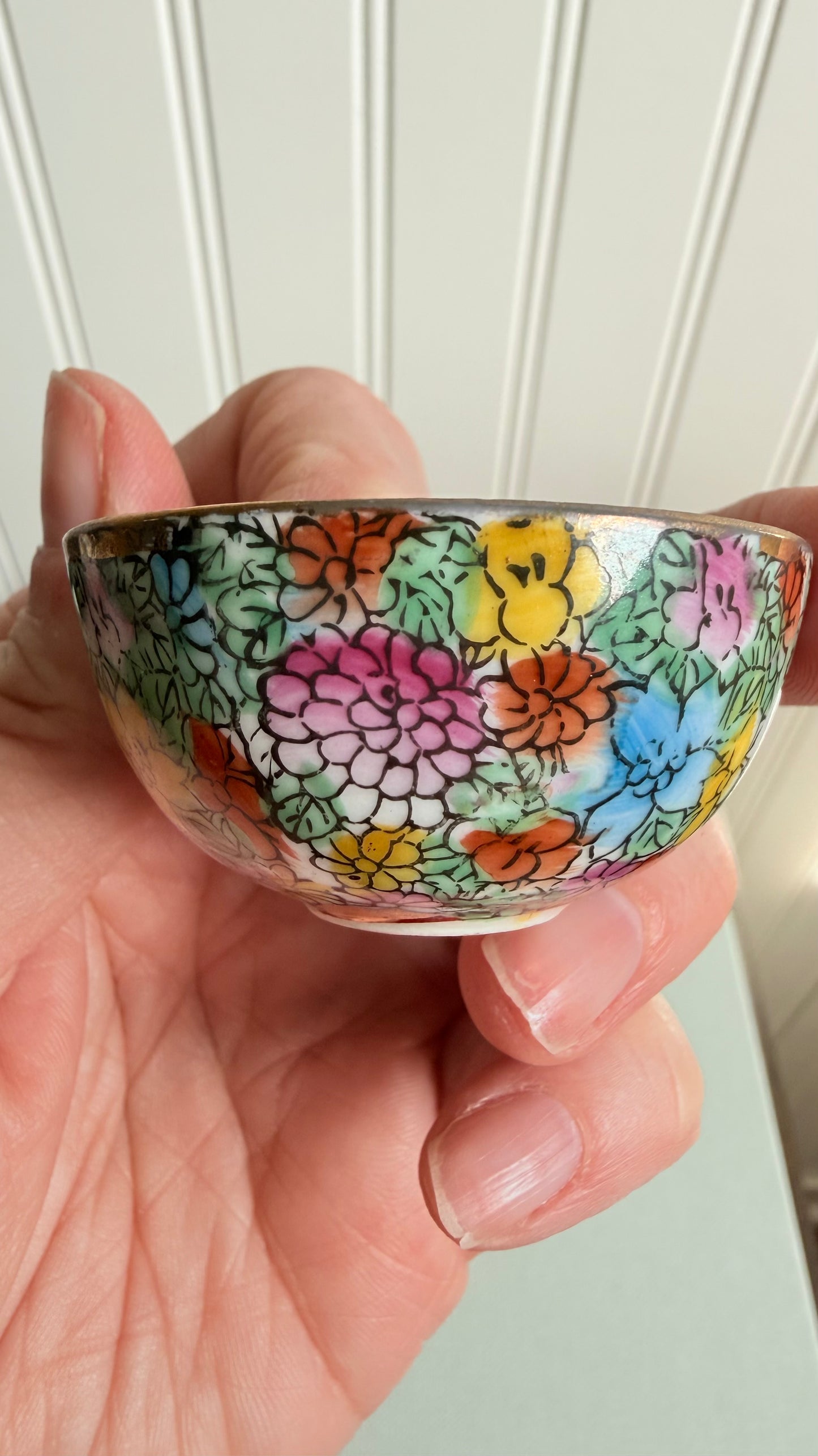 Vintage Mini Millefleur Cooking Woman in Pink Bowl