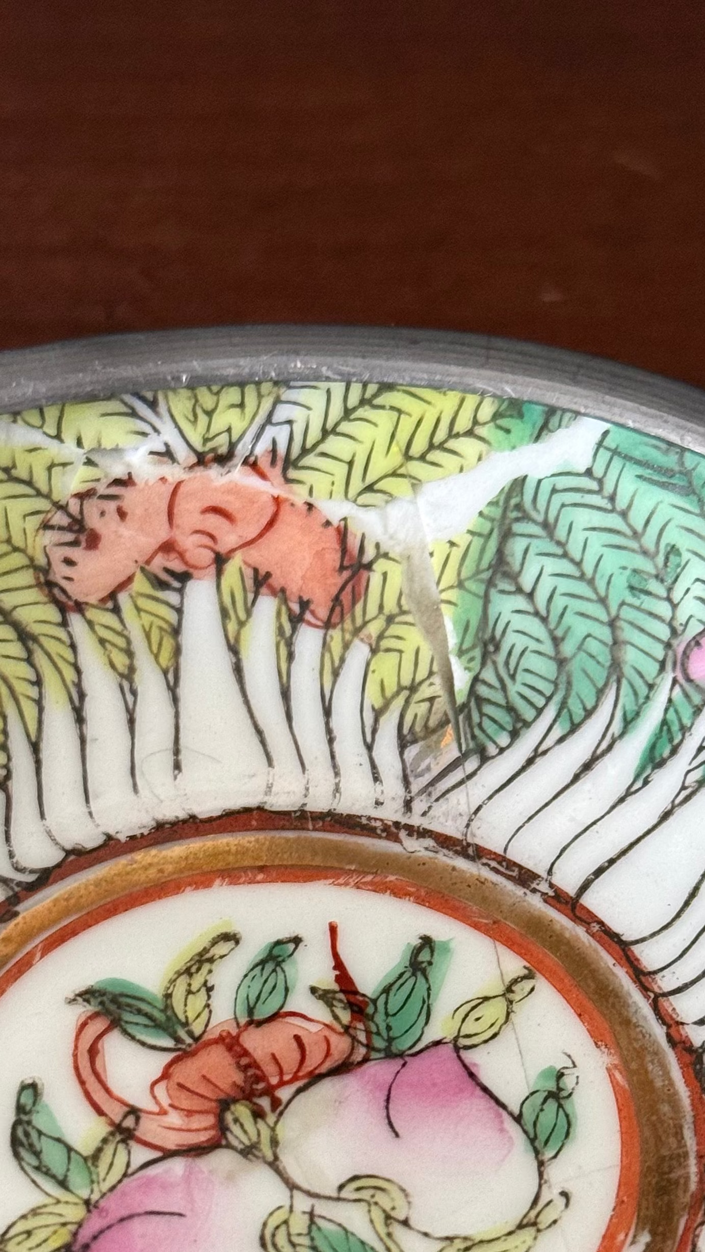 Vintage Pewter Encased Chinese Bok Choy Bowl with Chip
