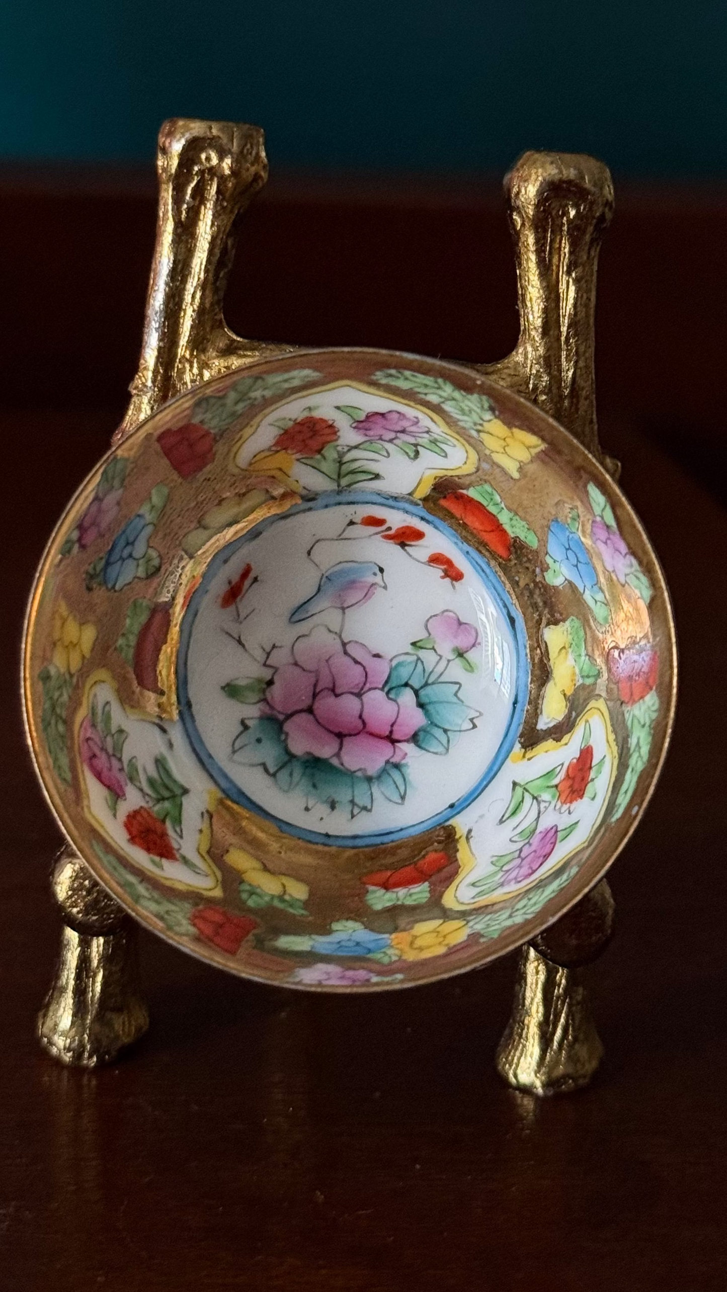 Vintage Millefleur Mini Bowl – Blue Bird & Pink Flower