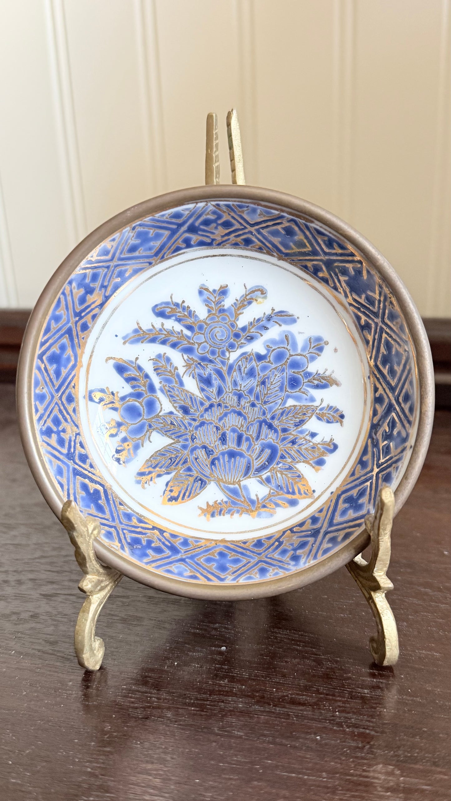 Small Vintage Blue and White Floral Brass Encased Bowl