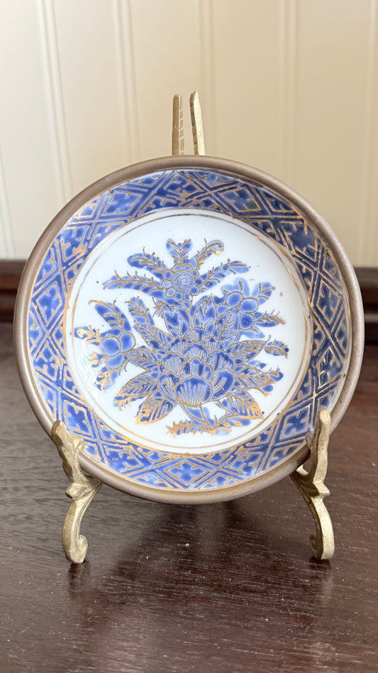 Small Vintage Blue and White Floral Brass Encased Bowl
