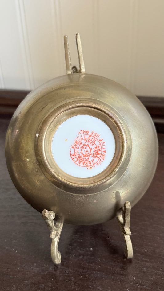 Small Vintage Blue and White Floral Brass Encased Bowl